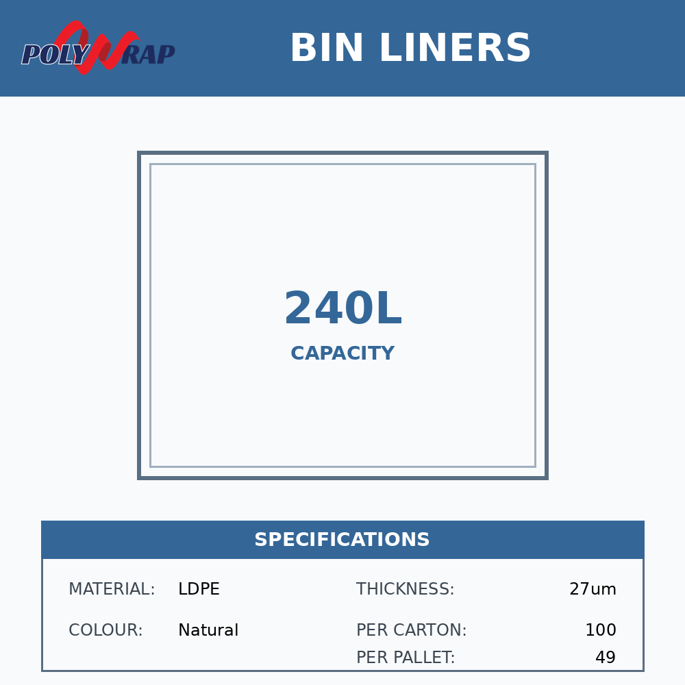 240lt Heavy Duty LDPE Natural 27 um - Rolls (Code: 240NRL)