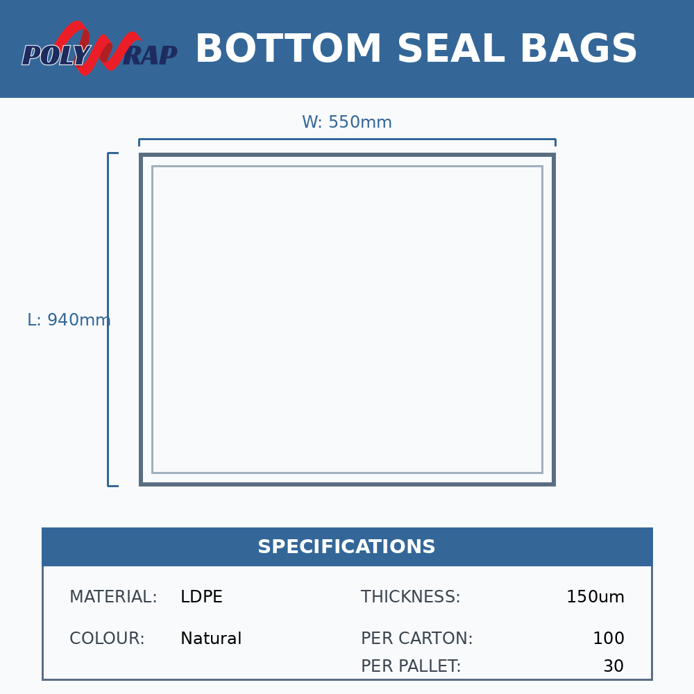 Bottom Seal Bags Food Grade LDPE Natural 30 um (Code: 550150)